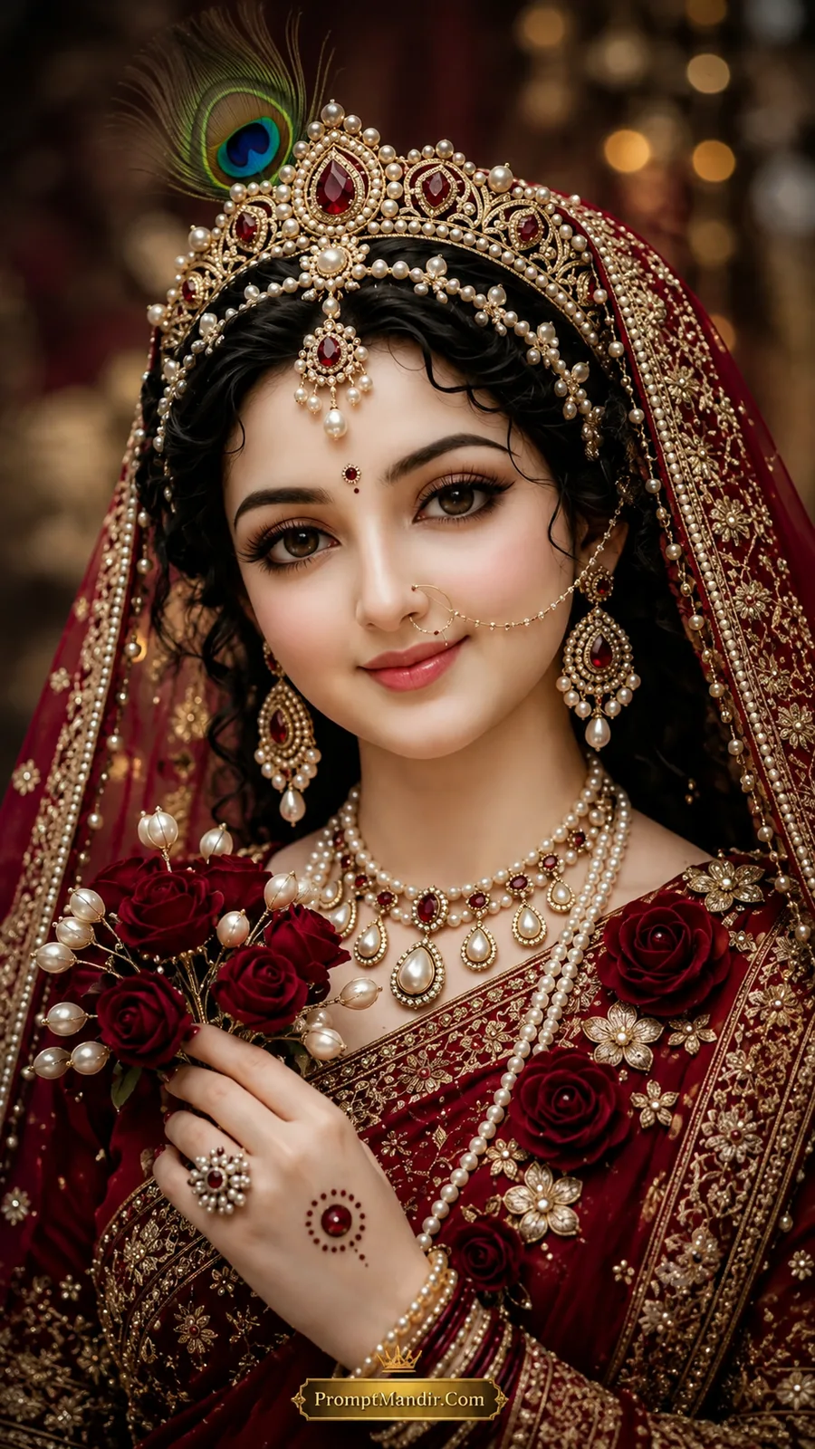 A royal portrait of Goddess Radha in a rich maroon silk saree, wearing a pearl and ruby jeweled crown and necklace, holding a bouquet of dark red roses with pearls.