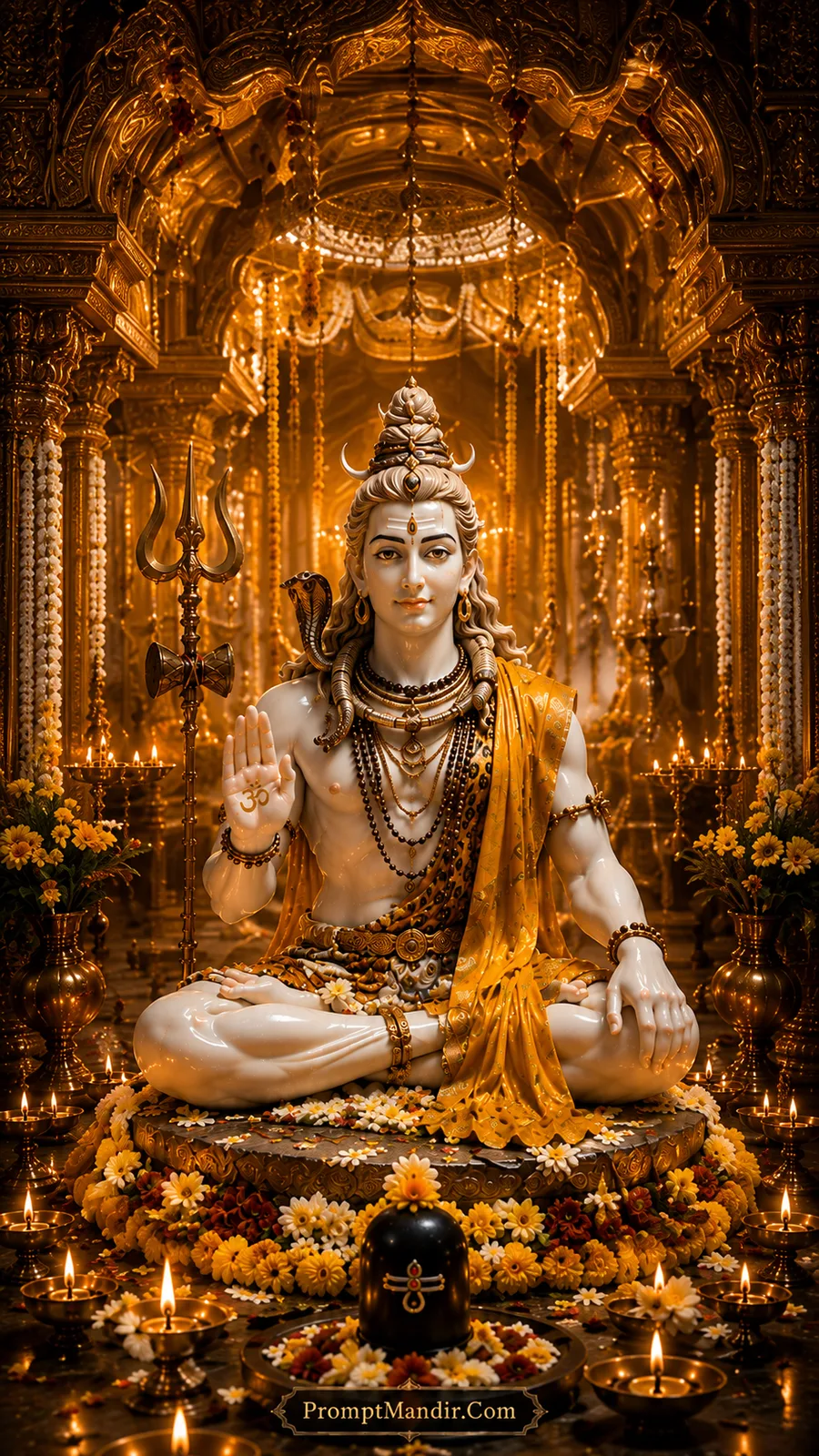 White marble Lord Shiva seated in a golden temple, blessing with his hand, with a Trishul, a Shivling, and yellow flowers surrounding him