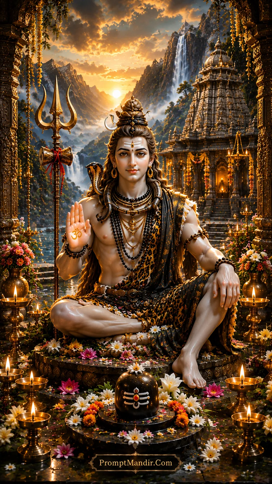 White marble Lord Shiva seated in a majestic temple with a waterfall, blessing with his hand, with a Shivling and colorful flowers