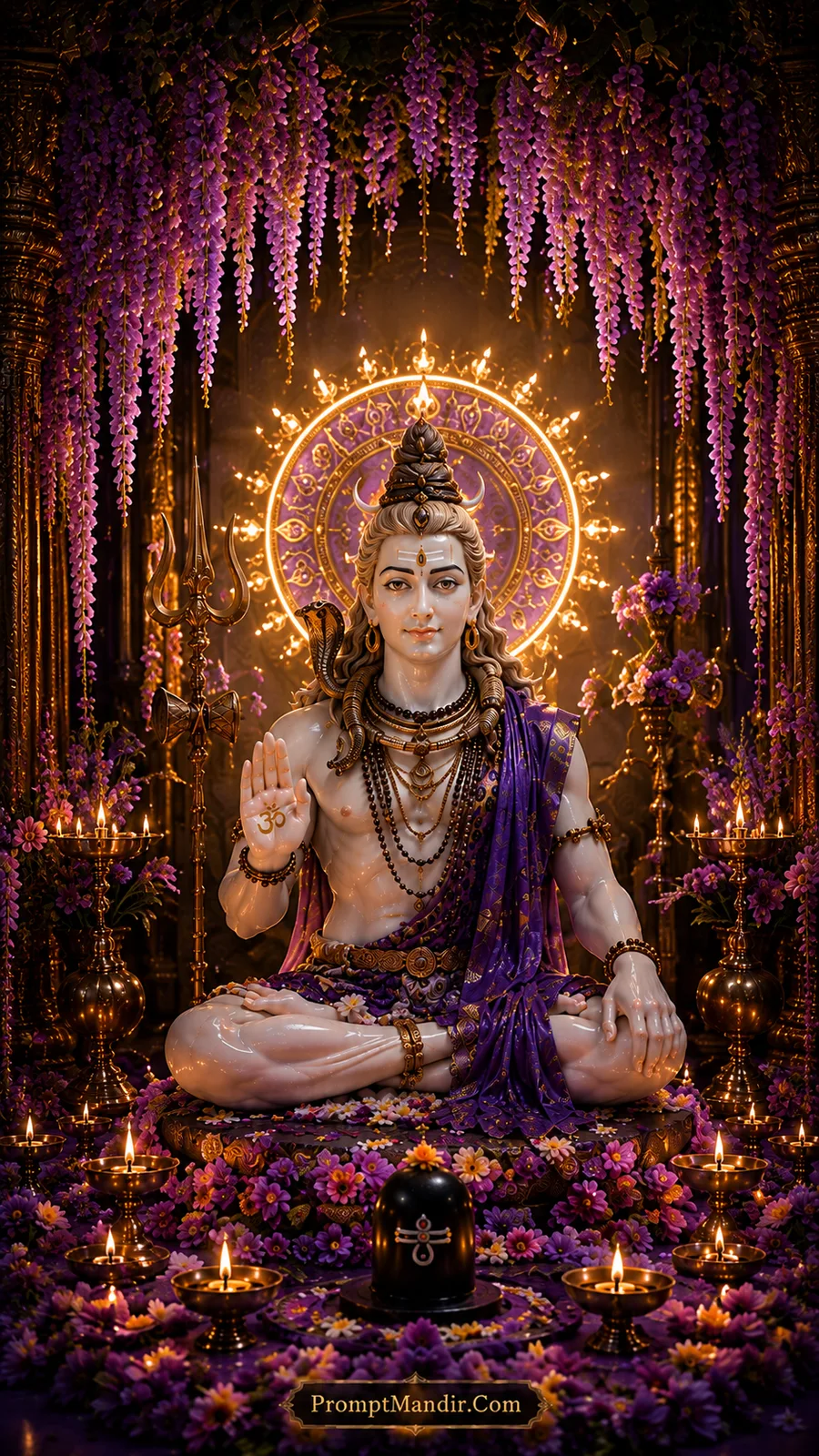 White marble Lord Shiva seated under a canopy of purple wisteria flowers, blessing with his hand, with a glowing golden halo