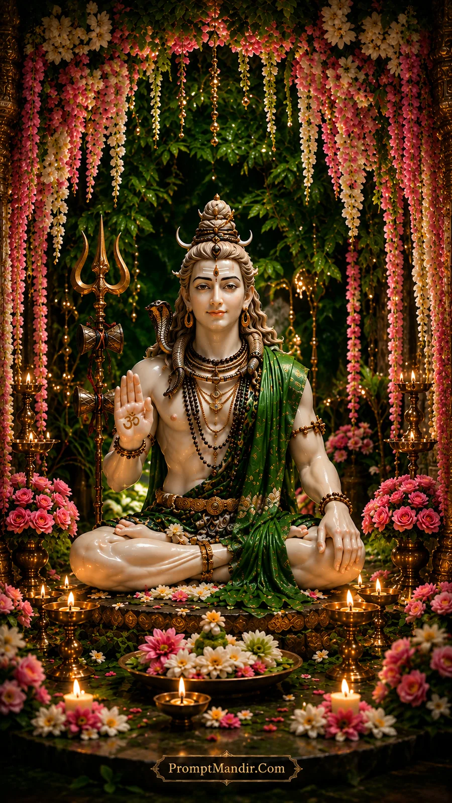 White marble Lord Shiva seated in a lush green forest with pink roses, blessing with his hand, with a Trishul and a Shivling