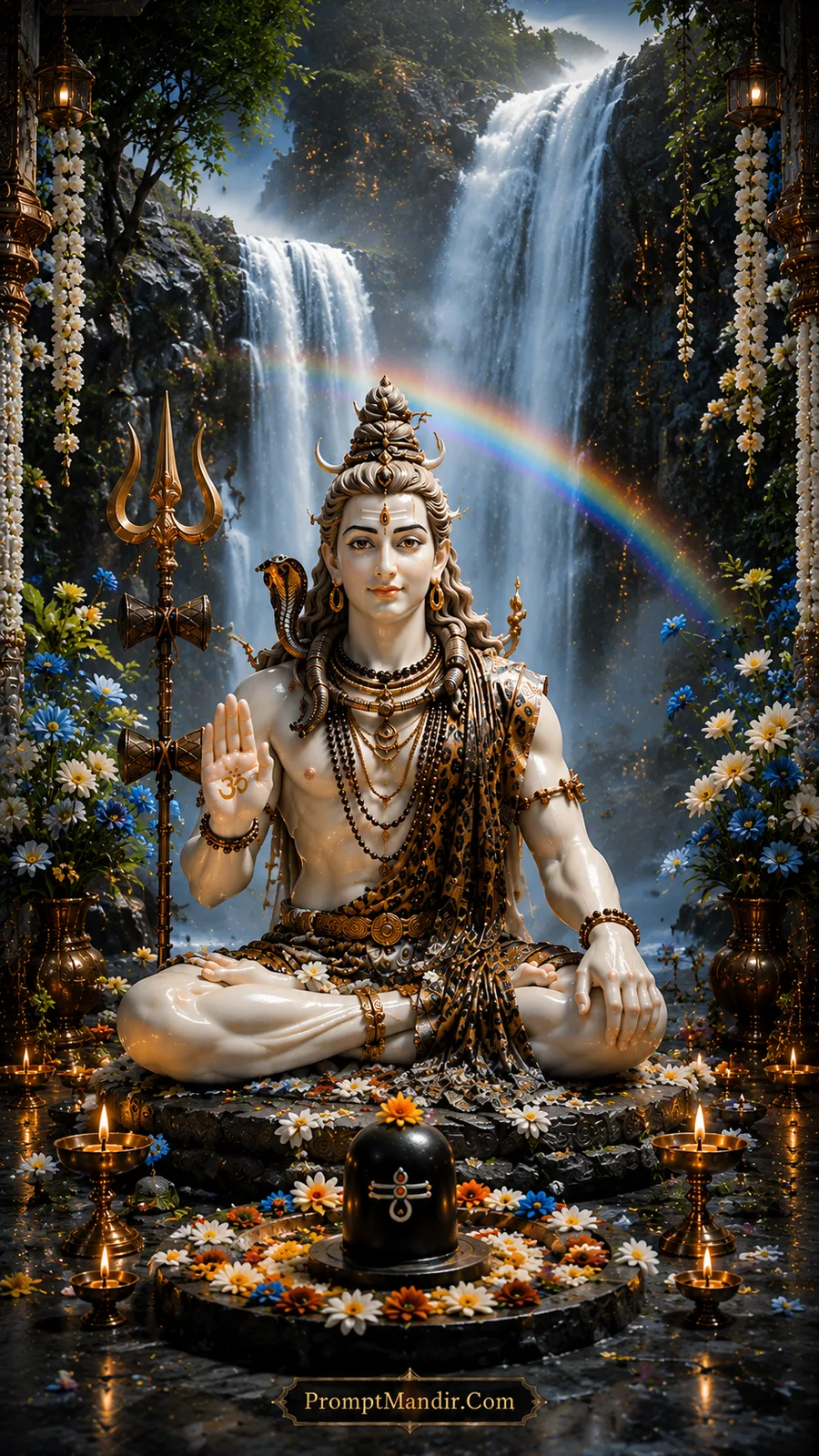 White marble Lord Shiva seated by a majestic waterfall with a rainbow, blessing with his hand, with colorful flowers and a Shivling