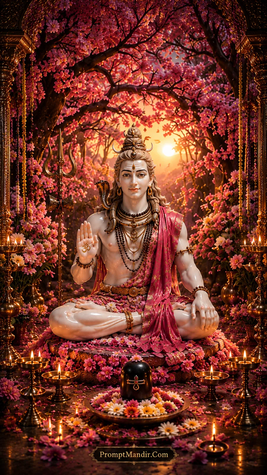 White marble Lord Shiva seated under a canopy of blooming pink cherry blossoms, blessing with his hand, with a Shivling and flowers