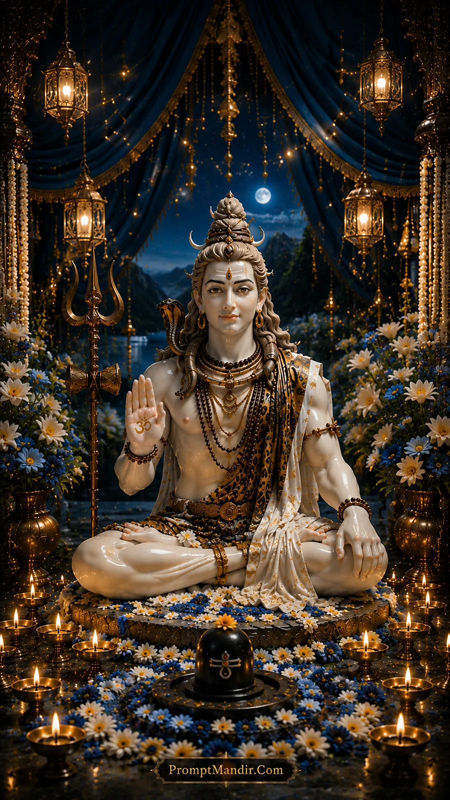 White marble Lord Shiva seated in a moonlit palace with blue curtains and lanterns, blessing with his hand, with blue and white flowers