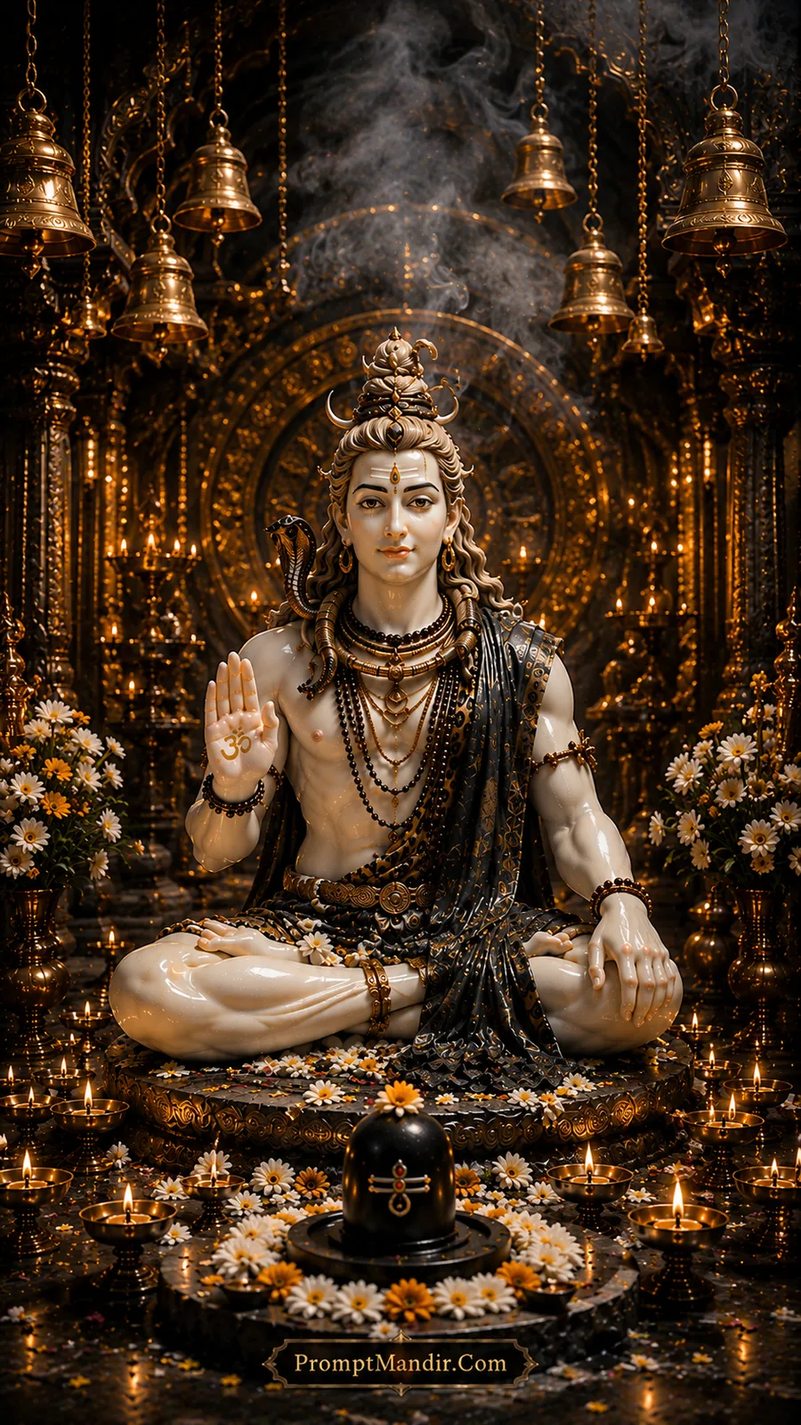 White marble Lord Shiva seated in a classic temple with hanging bells and incense smoke, blessing with his hand, with a Shivling