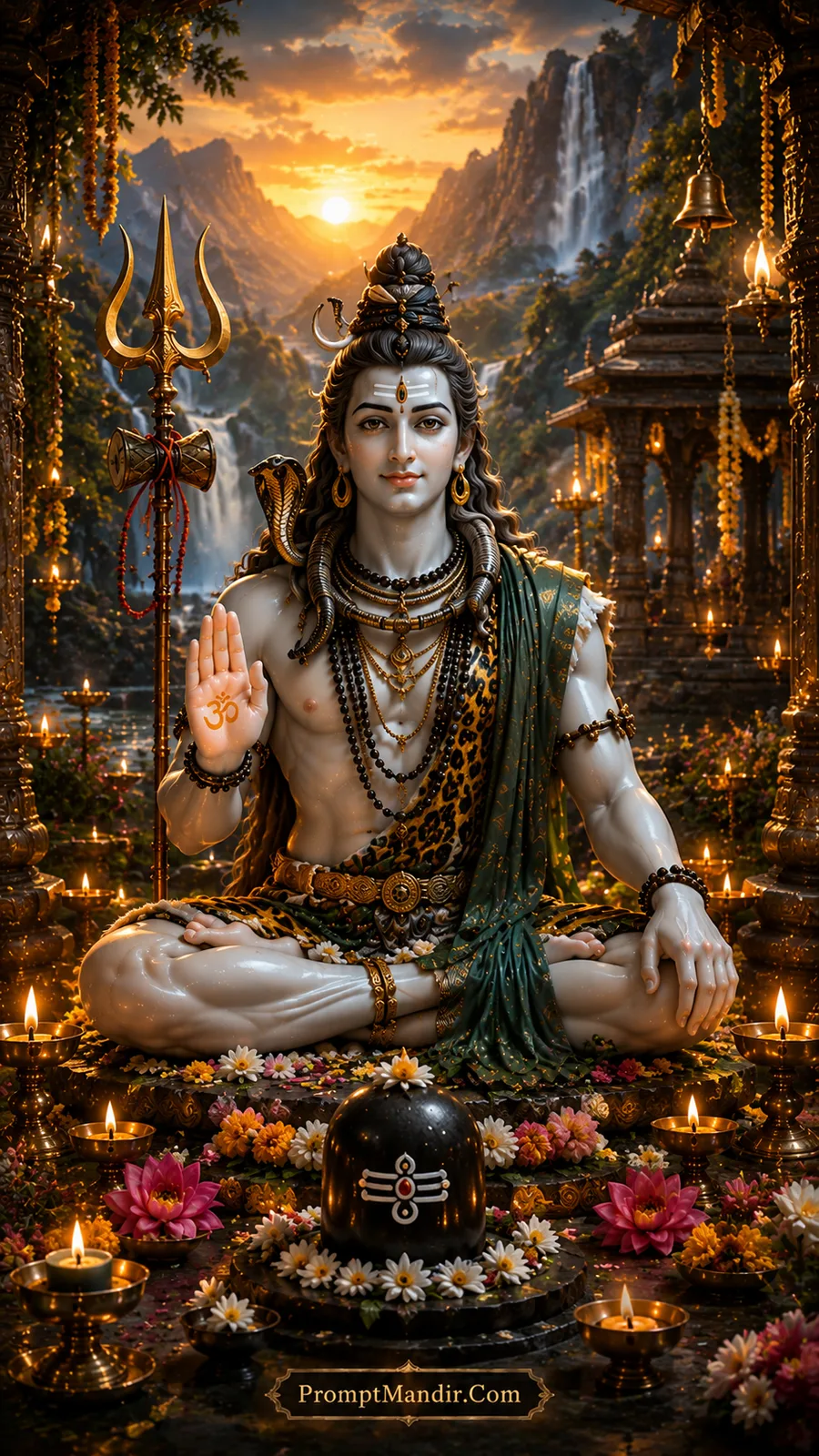 White marble Lord Shiva seated in a Himalayan temple at sunrise, blessing with his hand, with a Trishul and a Shivling