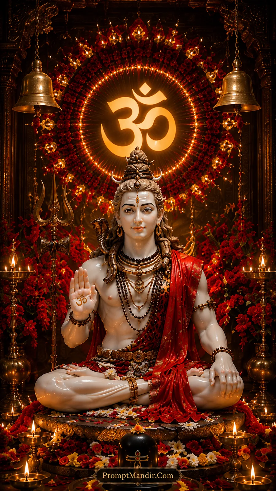 White marble Lord Shiva seated with a glowing Om symbol and red flowers, blessing with his hand, with a Trishul and a Shivling