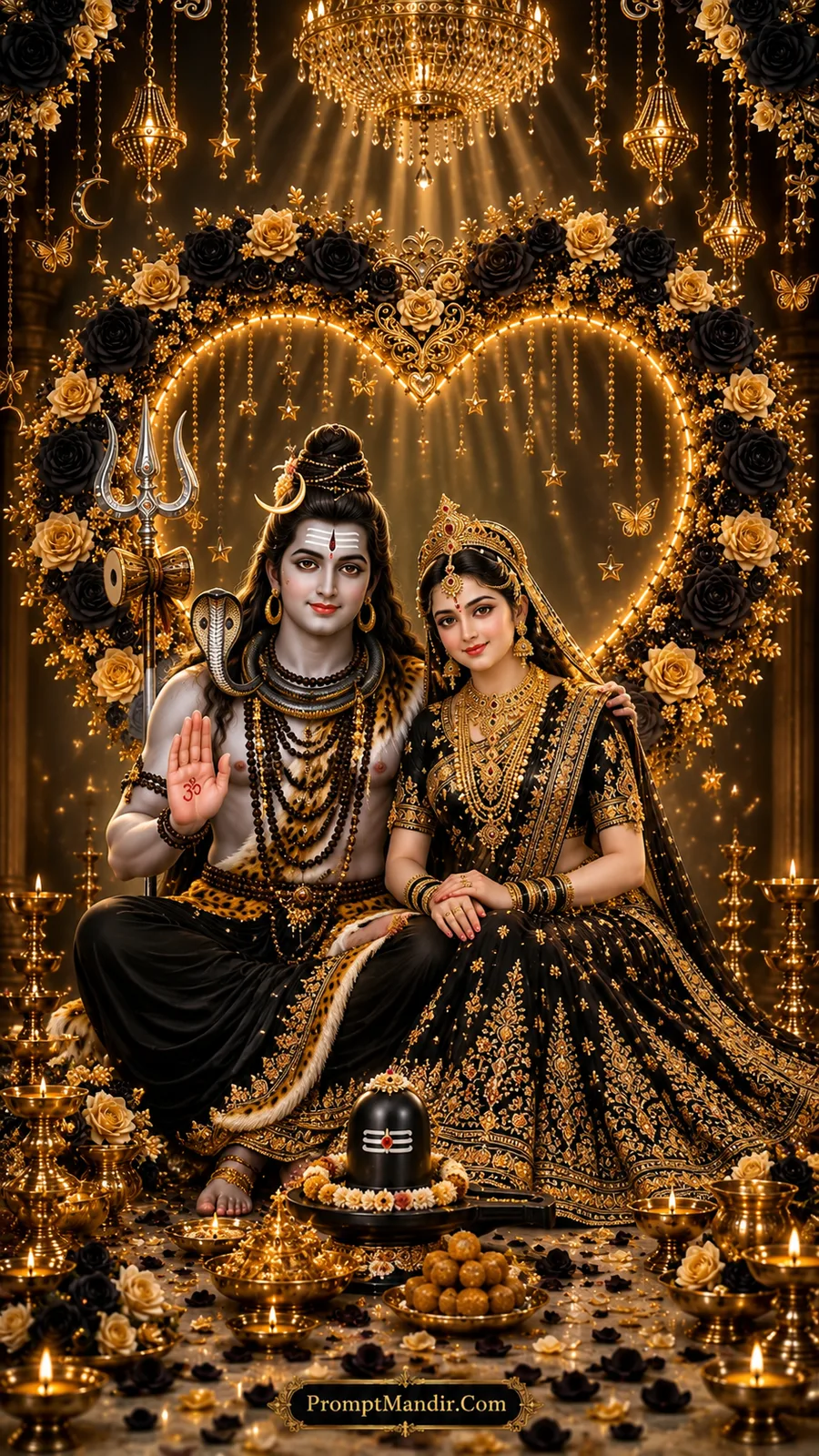 Lord Shiva and Goddess Parvati seated together in a grand heart-shaped floral mandap, adorned in black and gold attire, with a Shivling, diyas, and laddoos in the foreground.
