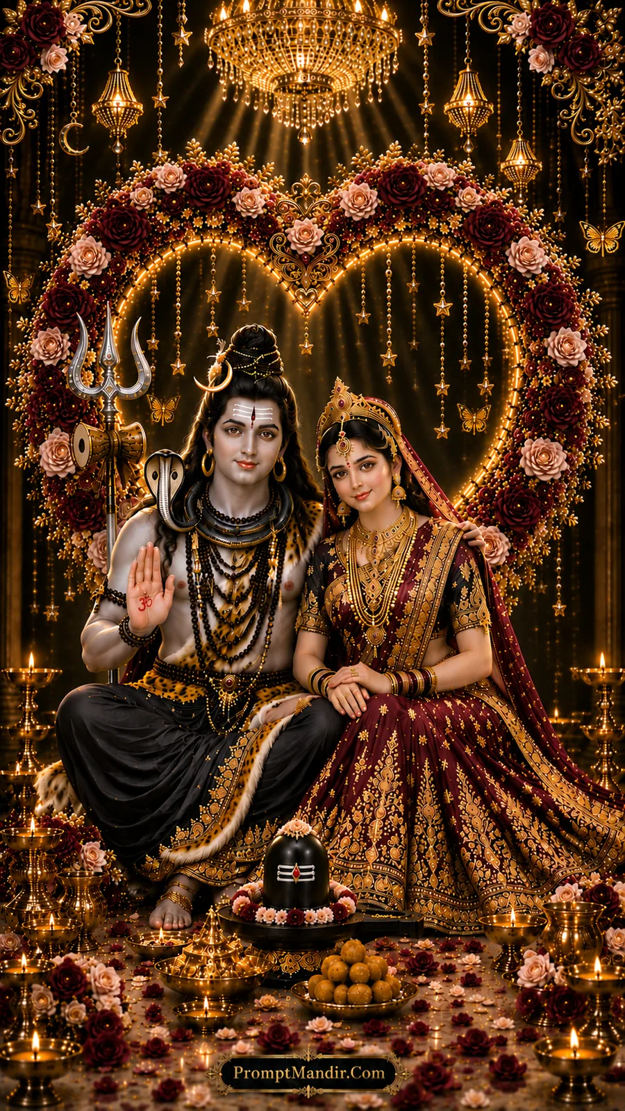 Lord Shiva and Goddess Parvati seated together in a grand heart-shaped floral mandap, adorned in maroon and gold attire, with a Shivling, diyas, and laddoos in the foreground.