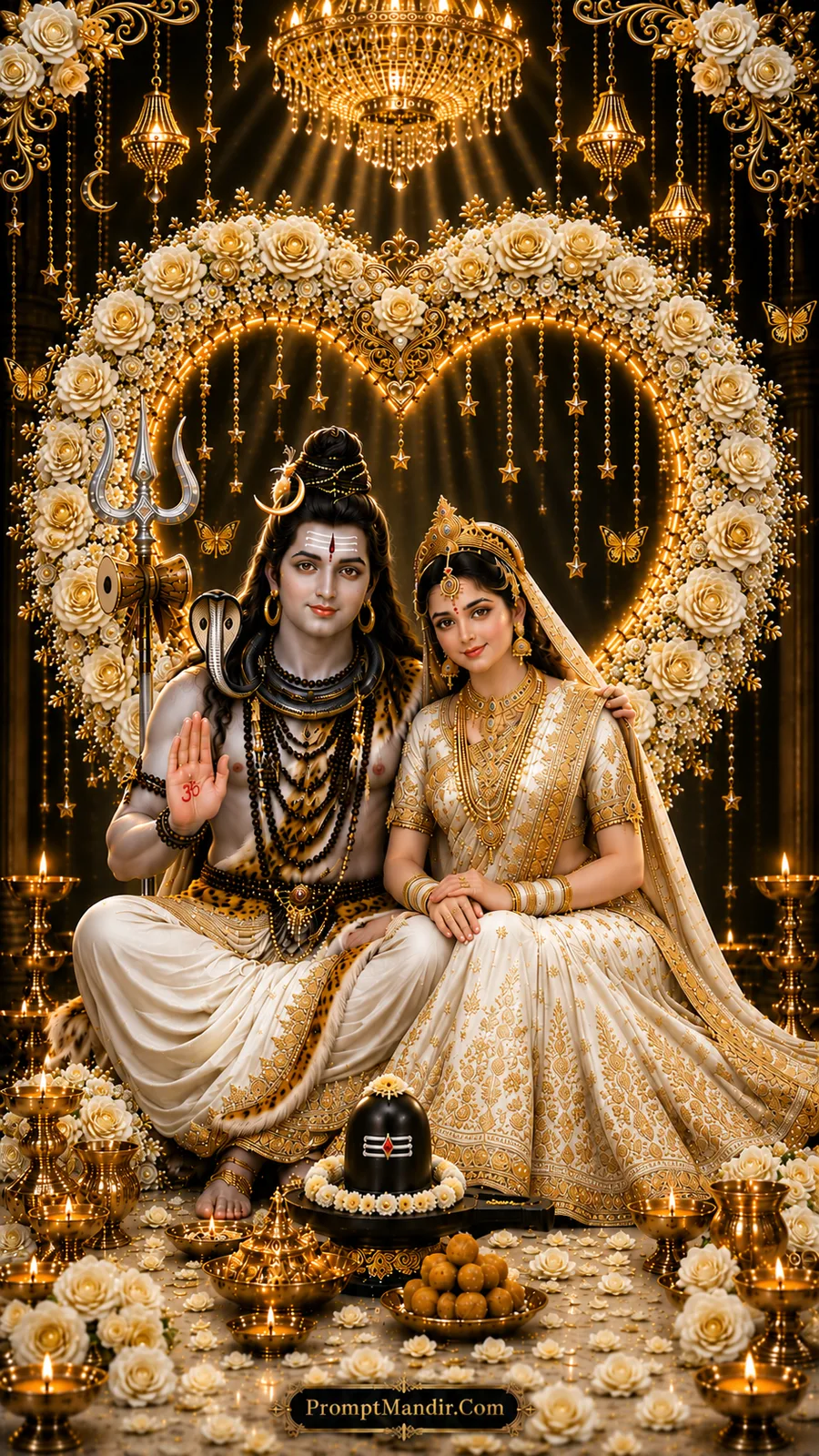 Lord Shiva and Goddess Parvati seated together in a grand heart-shaped floral mandap, adorned in white and gold attire, with a Shivling, diyas, and laddoos in the foreground.