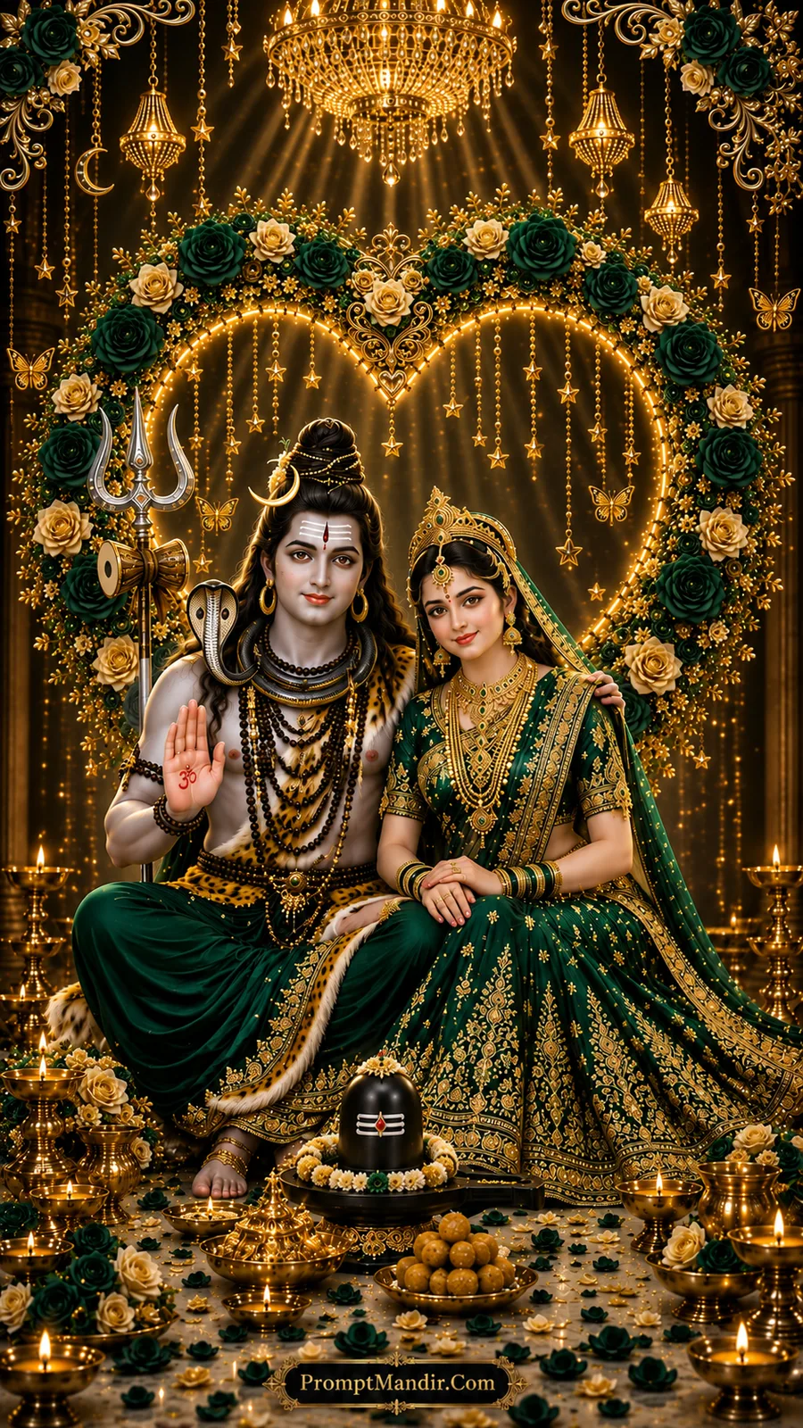 Lord Shiva and Goddess Parvati seated together in a grand heart-shaped floral mandap, adorned in white and gold attire, with a Shivling, diyas, and laddoos in the foreground.