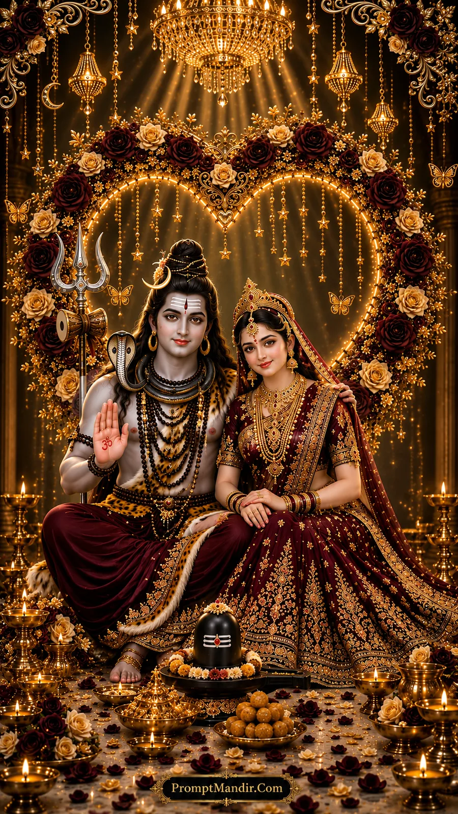 Lord Shiva and Goddess Parvati seated together in a grand heart-shaped floral mandap, adorned in maroon and gold attire, with a Shivling, diyas, and laddoos in the foreground.