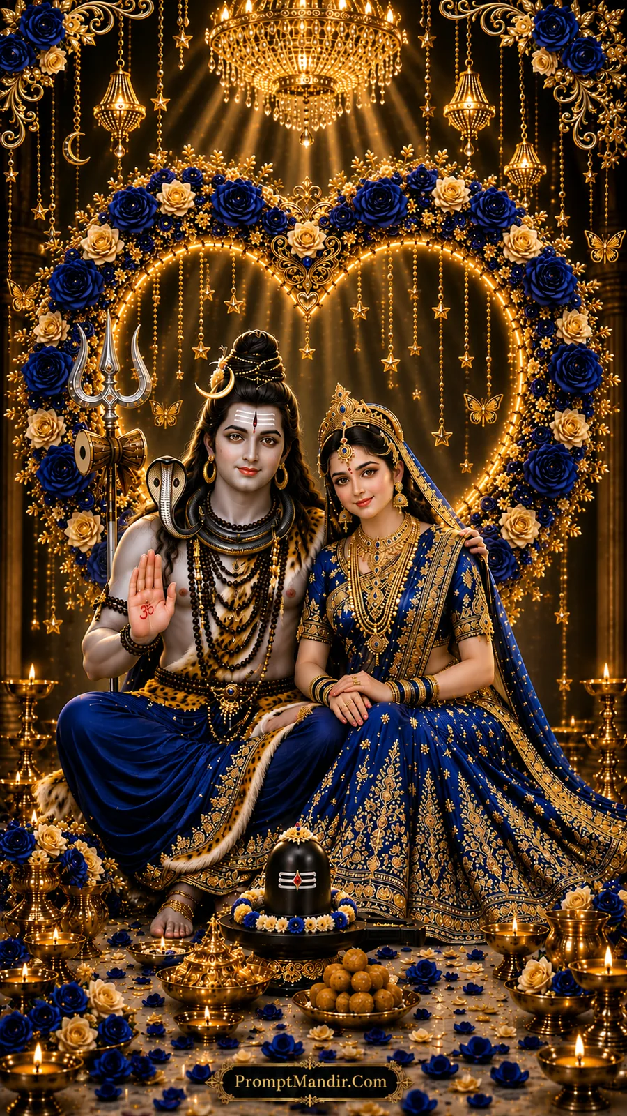 Lord Shiva and Goddess Parvati seated together in a grand heart-shaped floral mandap, adorned in royal blue and gold attire, with a Shivling, diyas, and laddoos in the foreground.