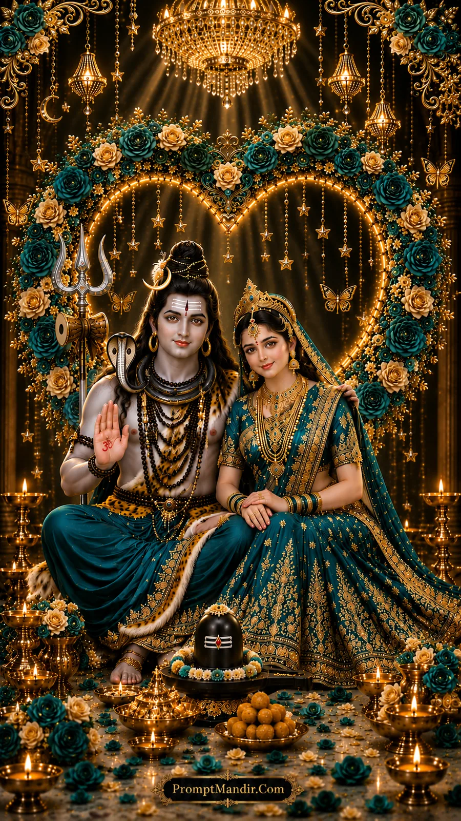Lord Shiva and Goddess Parvati seated together in a grand heart-shaped floral mandap, adorned in teal and gold attire, with a Shivling, diyas, and laddoos in the foreground.