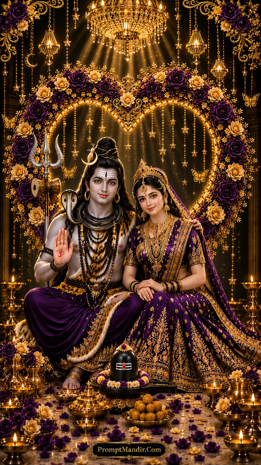 Lord Shiva and Goddess Parvati seated together in a grand heart-shaped floral mandap, adorned in purple and gold attire, with a Shivling, diyas, and laddoos in the foreground.