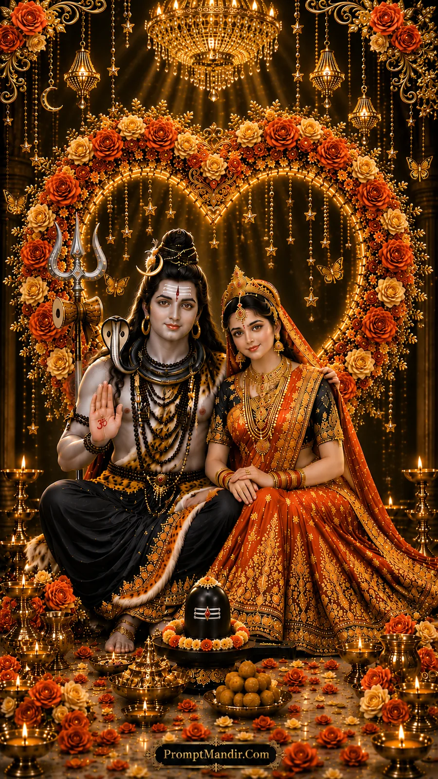 Lord Shiva and Goddess Parvati seated together in a grand heart-shaped floral mandap, adorned in orange and gold attire, with a Shivling, diyas, and laddoos in the foreground.