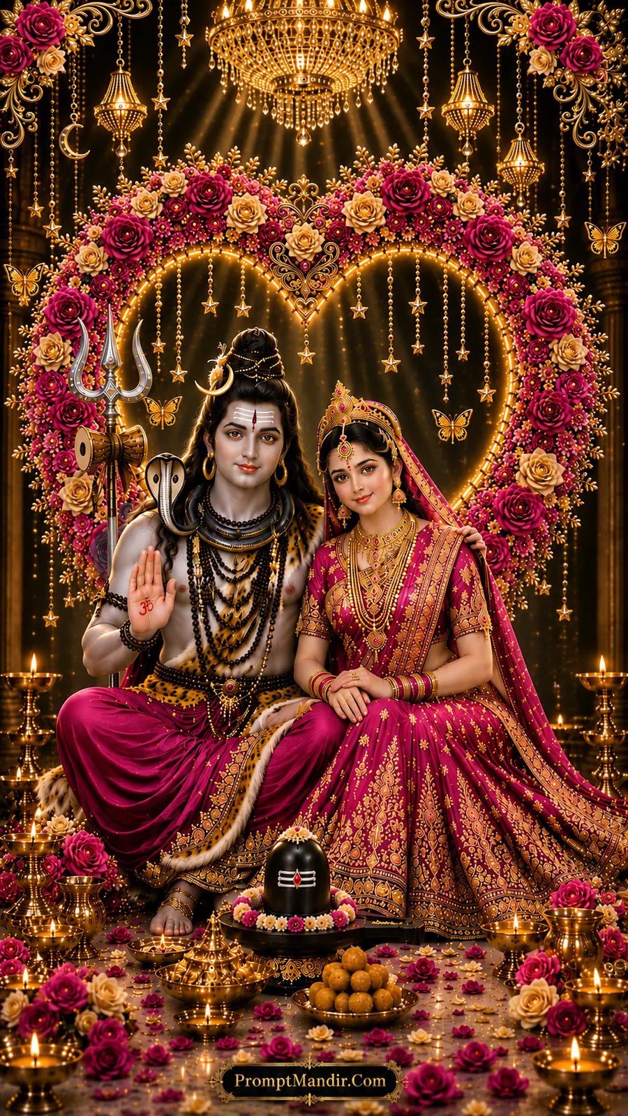 Lord Shiva and Goddess Parvati seated together in a grand heart-shaped floral mandap, adorned in magenta and gold attire, with a Shivling, diyas, and laddoos in the foreground.