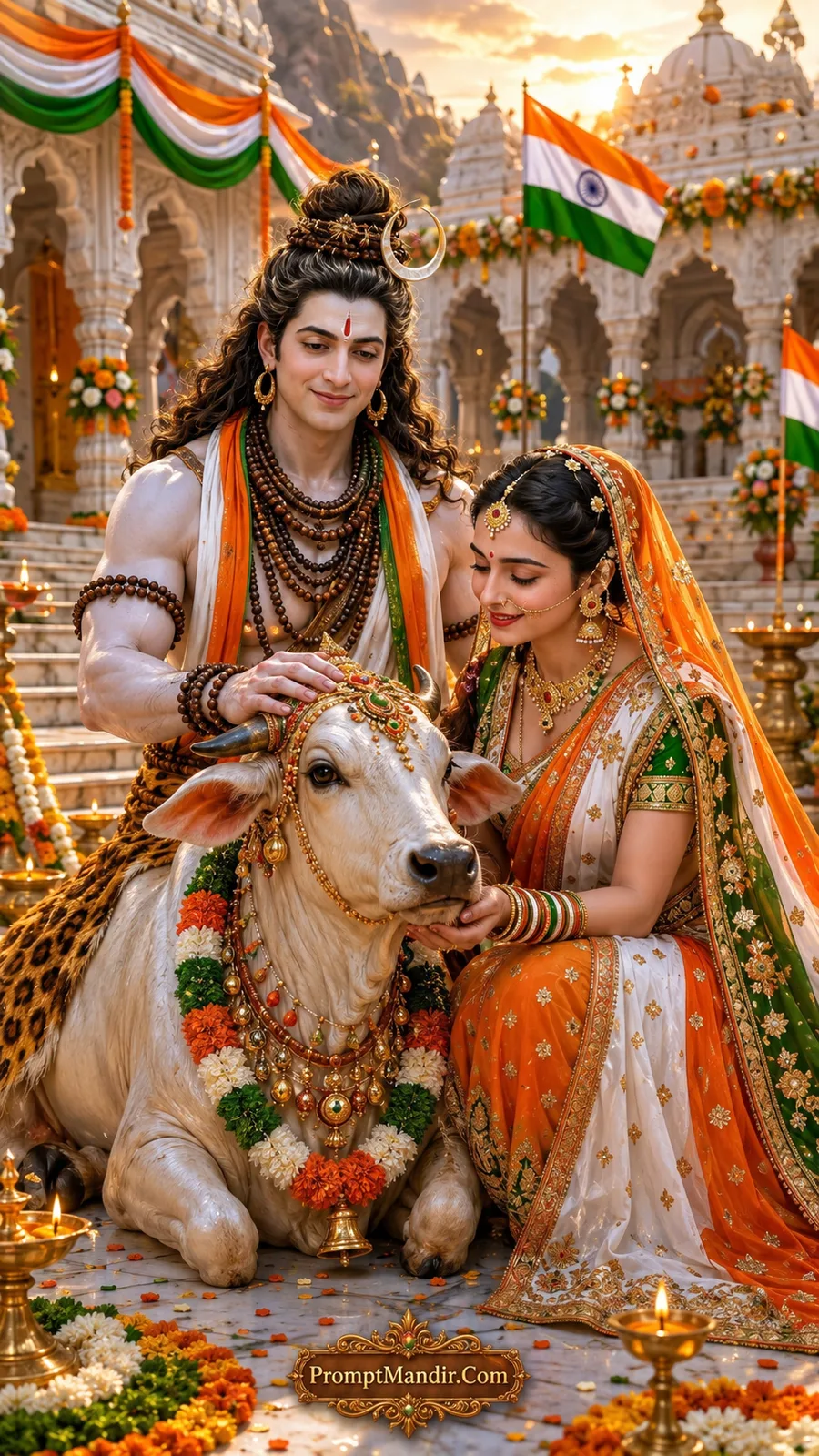 Lord Shiva gently petting Nandi, with Goddess Parvati offering a flower, in a temple courtyard decorated with Tricolour flags and flowers