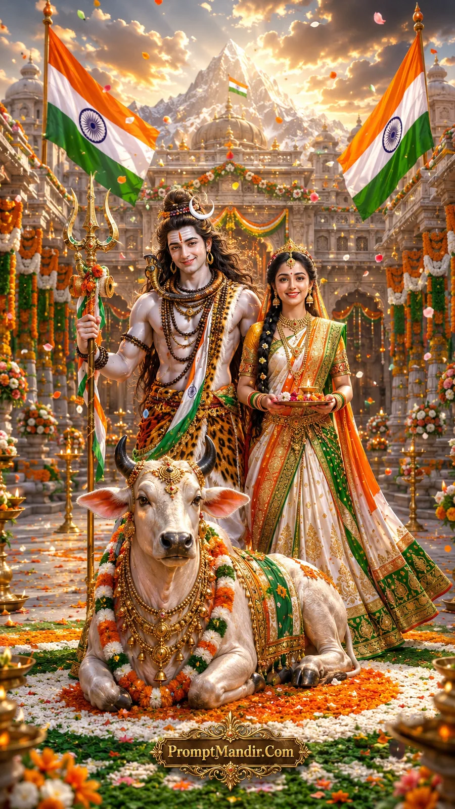 Lord Shiva standing with a Tricolour-adorned Trishul, Parvati holding a puja thali, and Nandi resting at their feet in a Himalayan temple