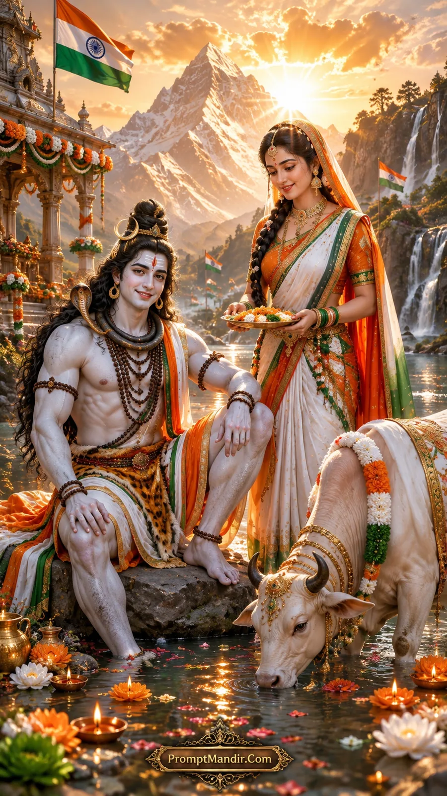 Lord Shiva sitting by a stream with Parvati offering a plate of flowers, Nandi drinking water, with Tricolour flags and mountains in the background