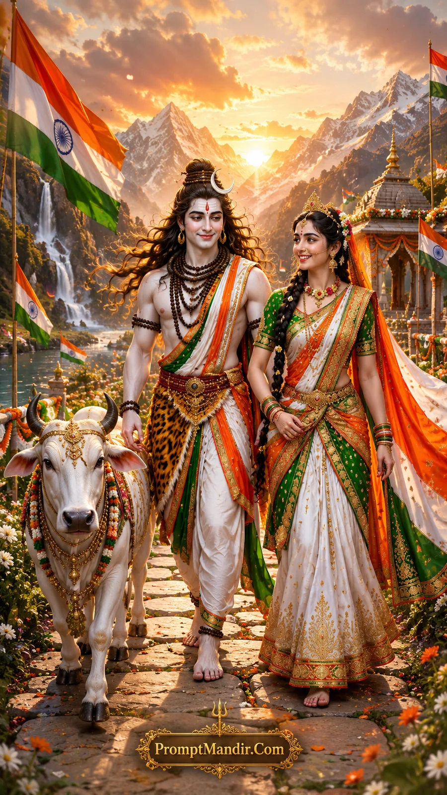 Lord Shiva and Parvati walking hand-in-hand on a mountain path, with Nandi following them, surrounded by Tricolour flags and waterfalls