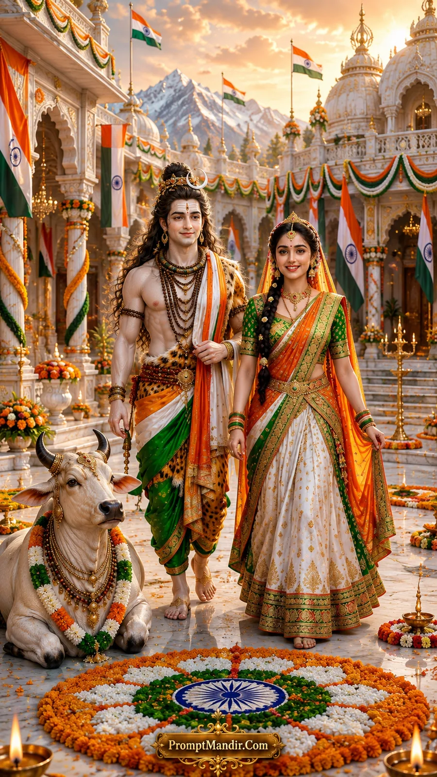 Lord Shiva and Parvati standing together in a white temple courtyard, with a large Tricolour rangoli (Ashoka Chakra) at their feet and Nandi beside them