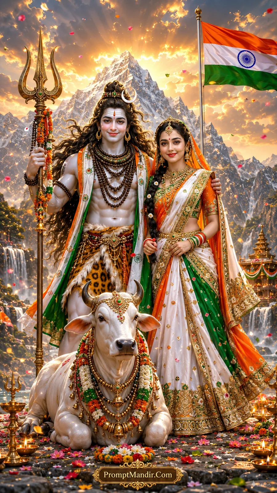 Lord Shiva holding his Trishul, Parvati by his side, and Nandi resting before them, with the Indian flag flying high against Mount Kailash