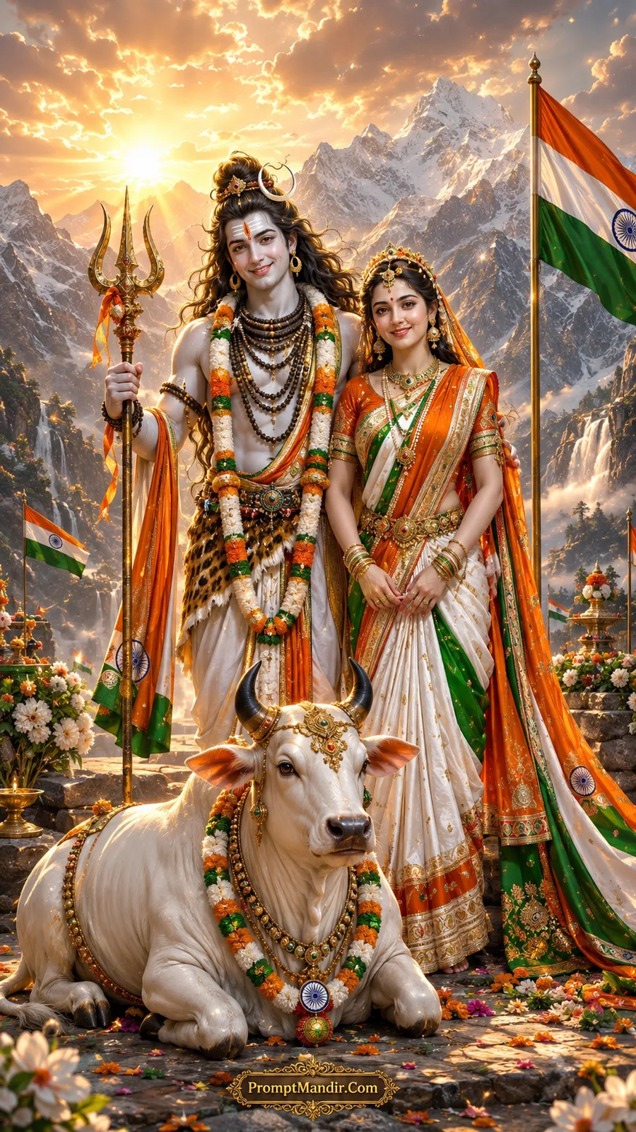 Lord Shiva and Parvati standing together with Nandi, wearing Tricolour-themed attire and garlands, with the Indian flag flying in the background
