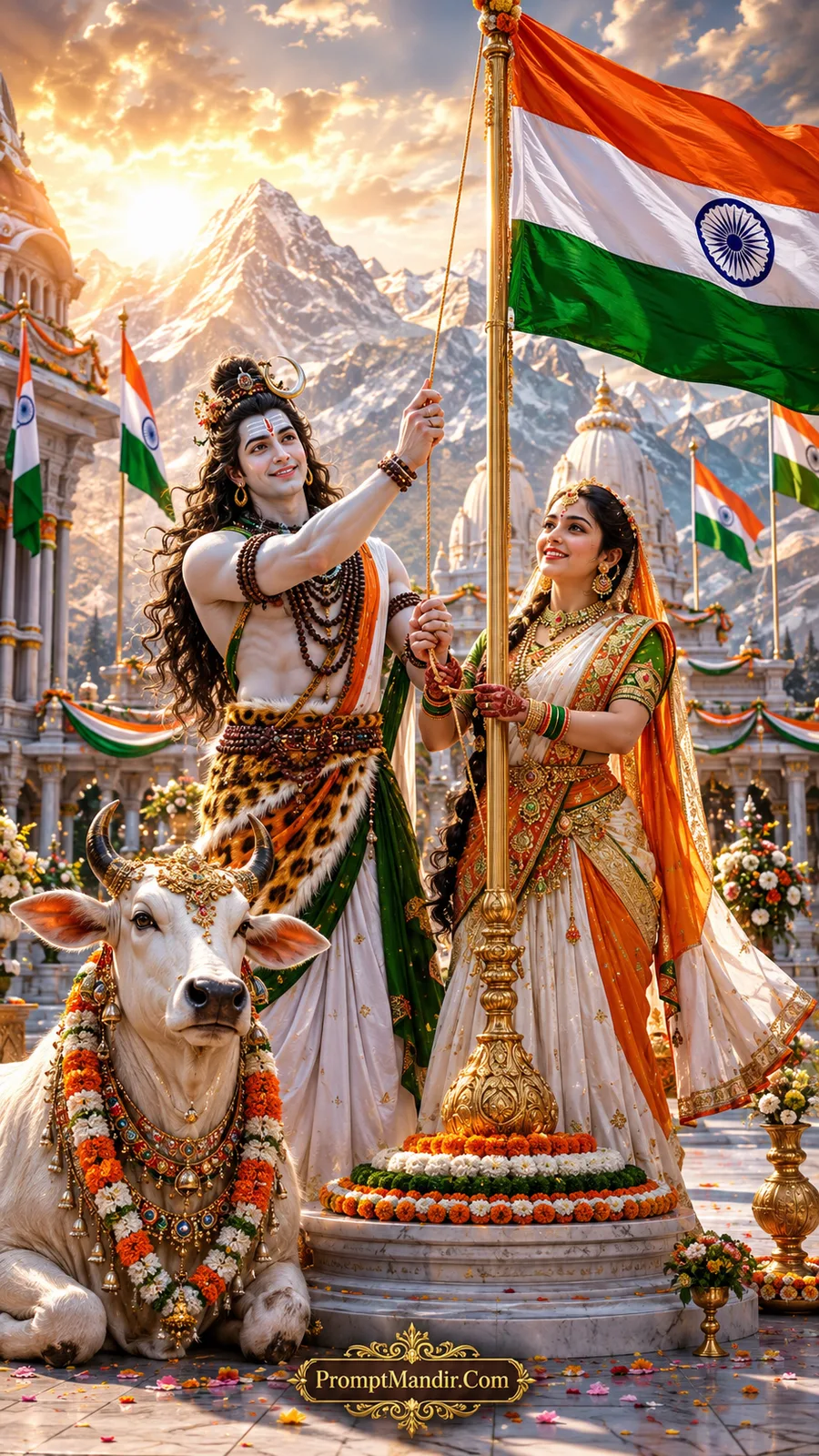 Lord Shiva and Parvati pulling the rope to hoist the Indian flag in a Himalayan temple courtyard, with Nandi watching