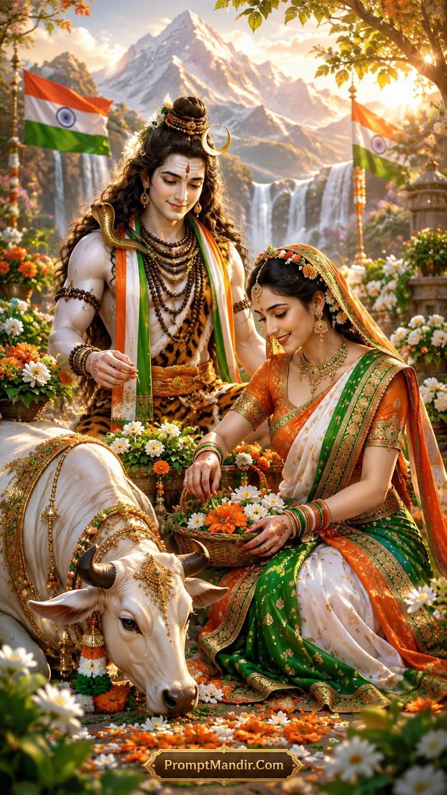 Lord Shiva and Parvati kneeling beside Nandi, offering flowers and affection, with Tricolour flags and a mountain backdrop