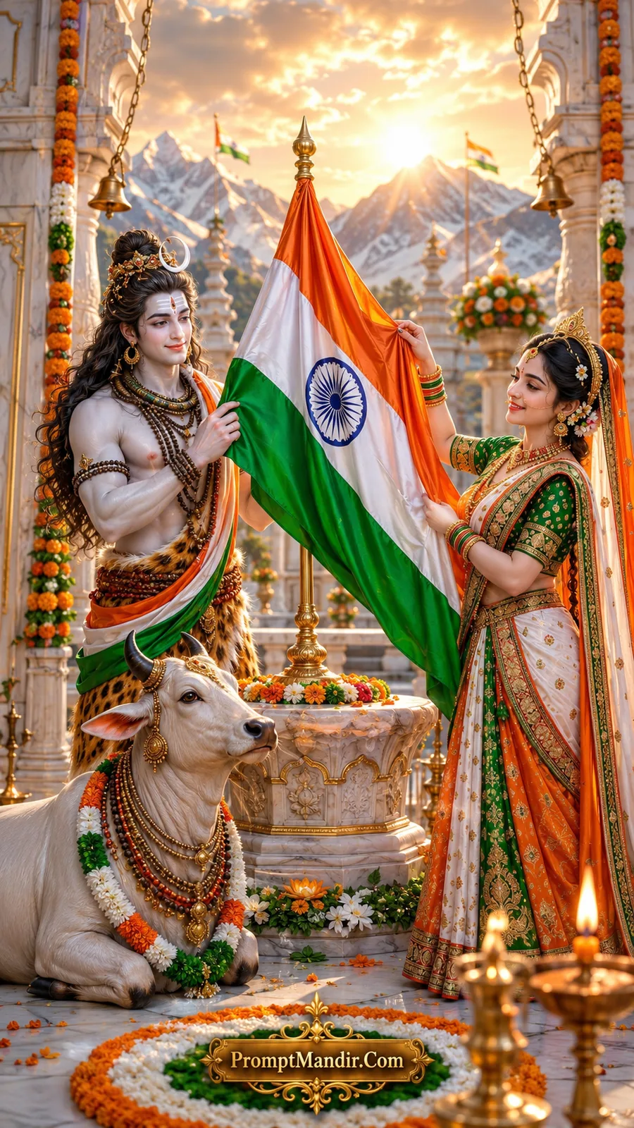 Lord Shiva and Parvati standing proudly in a Himalayan temple courtyard, with Nandi beside them and the Indian flag flying high