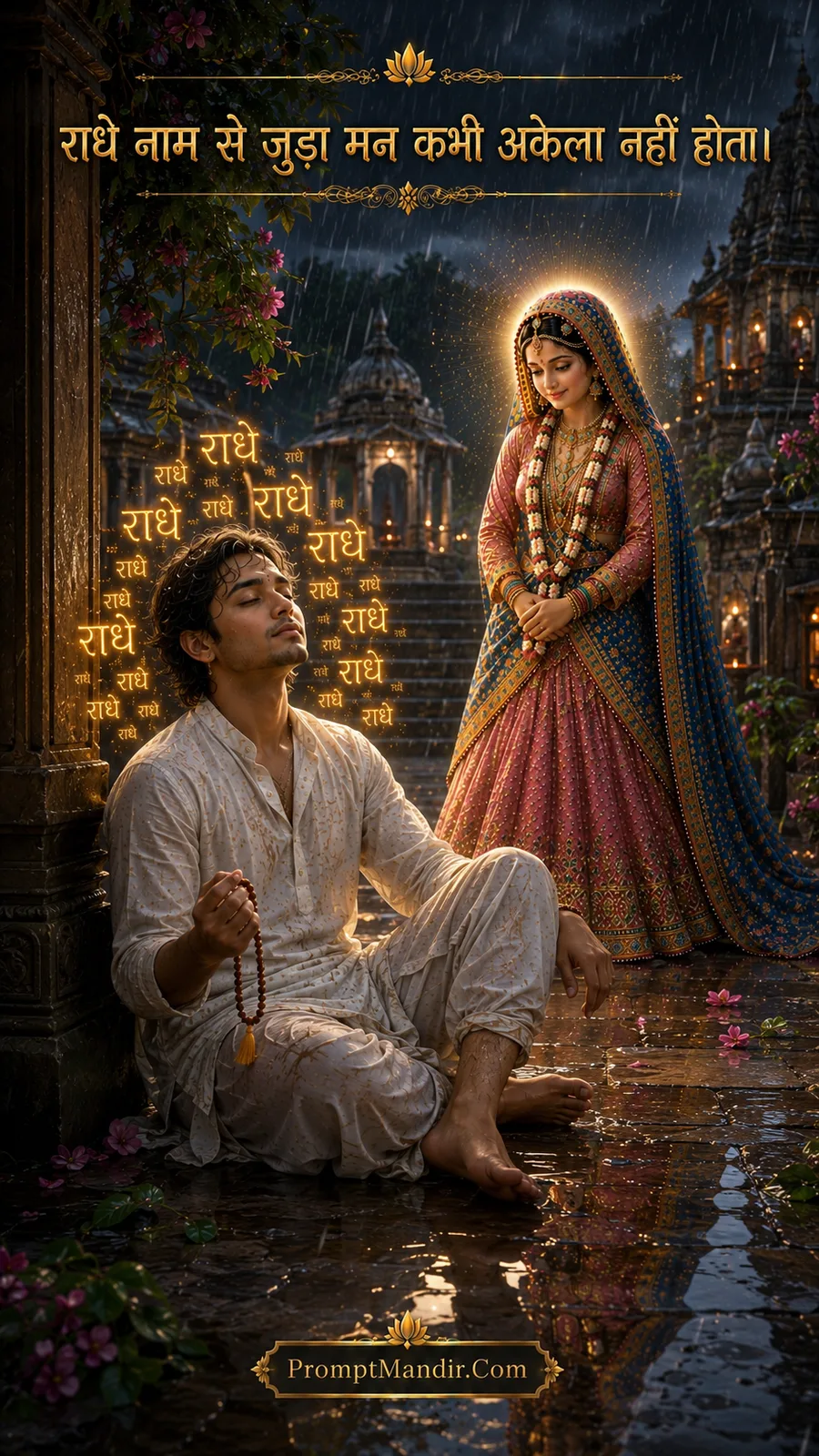 A devotee sitting in the rain, chanting 'Radhe Radhe' with a mala, while Goddess Radha's divine presence watches over him with golden floating text
