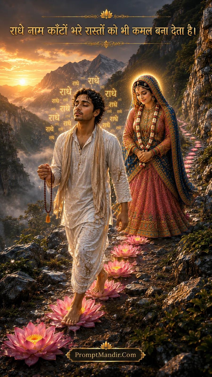 A devotee walking on a rocky path, with pink lotus flowers blooming beneath his feet, while Goddess Radha walks beside him
