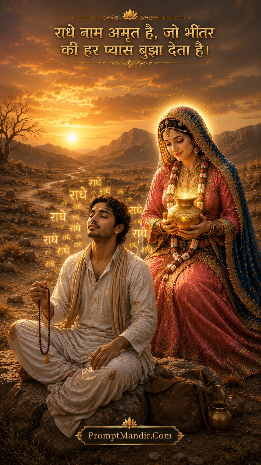 A devotee sitting on a rock in a barren desert, while Goddess Radha offers him a glowing pot of nectar (amrit)