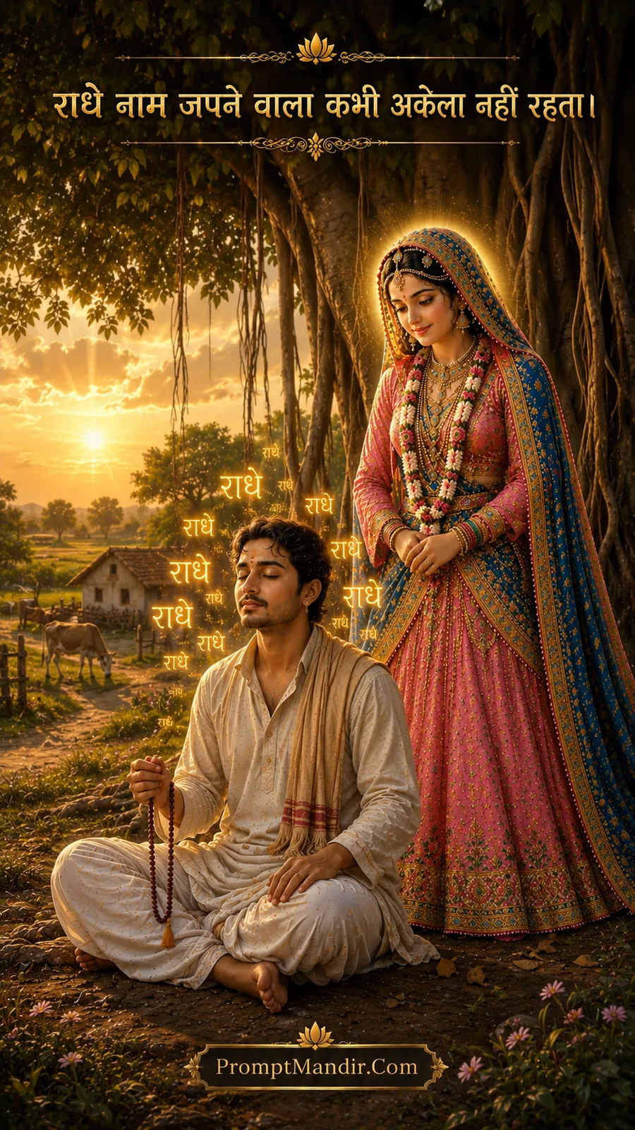 A devotee sitting under a banyan tree, chanting 'Radhe Radhe', with Goddess Radha standing gracefully behind him