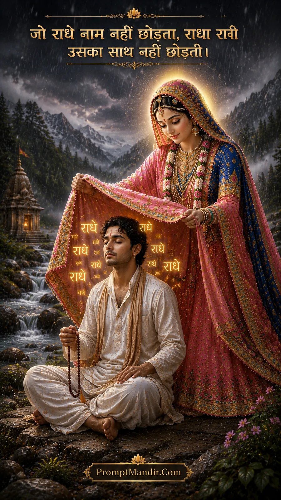 A devotee sitting on a rock in the rain, while Goddess Radha drapes her shawl around him to protect him from the cold