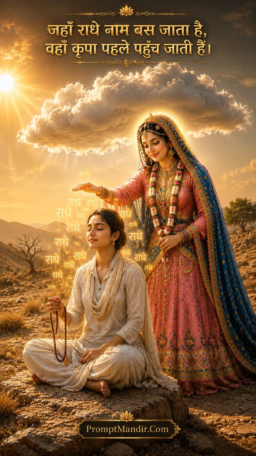 A female devotee sitting in meditation, chanting 'Radhe Radhe', with Goddess Radha blessing her from behind