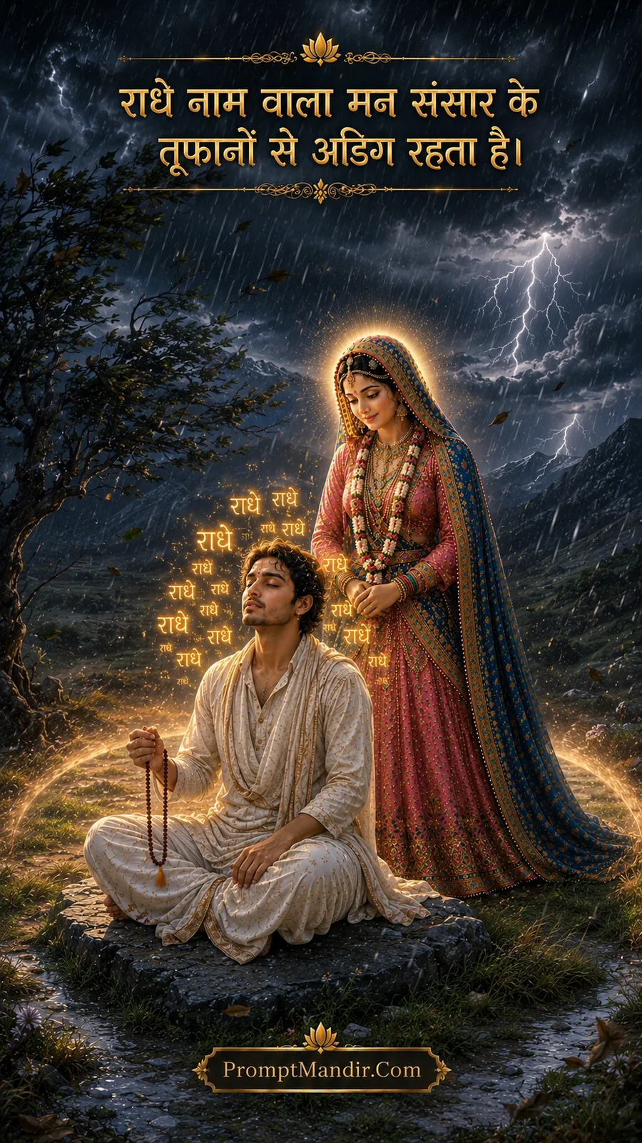 A devotee chanting 'Radhe Radhe' in the middle of a thunderstorm, while Goddess Radha stands beside him, unaffected by the storm