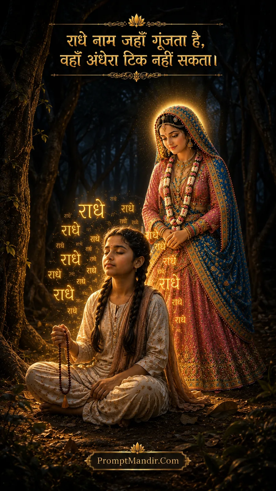 A young girl chanting 'Radhe Radhe' in a dark forest, with Goddess Radha standing behind her, bringing light to the darkness