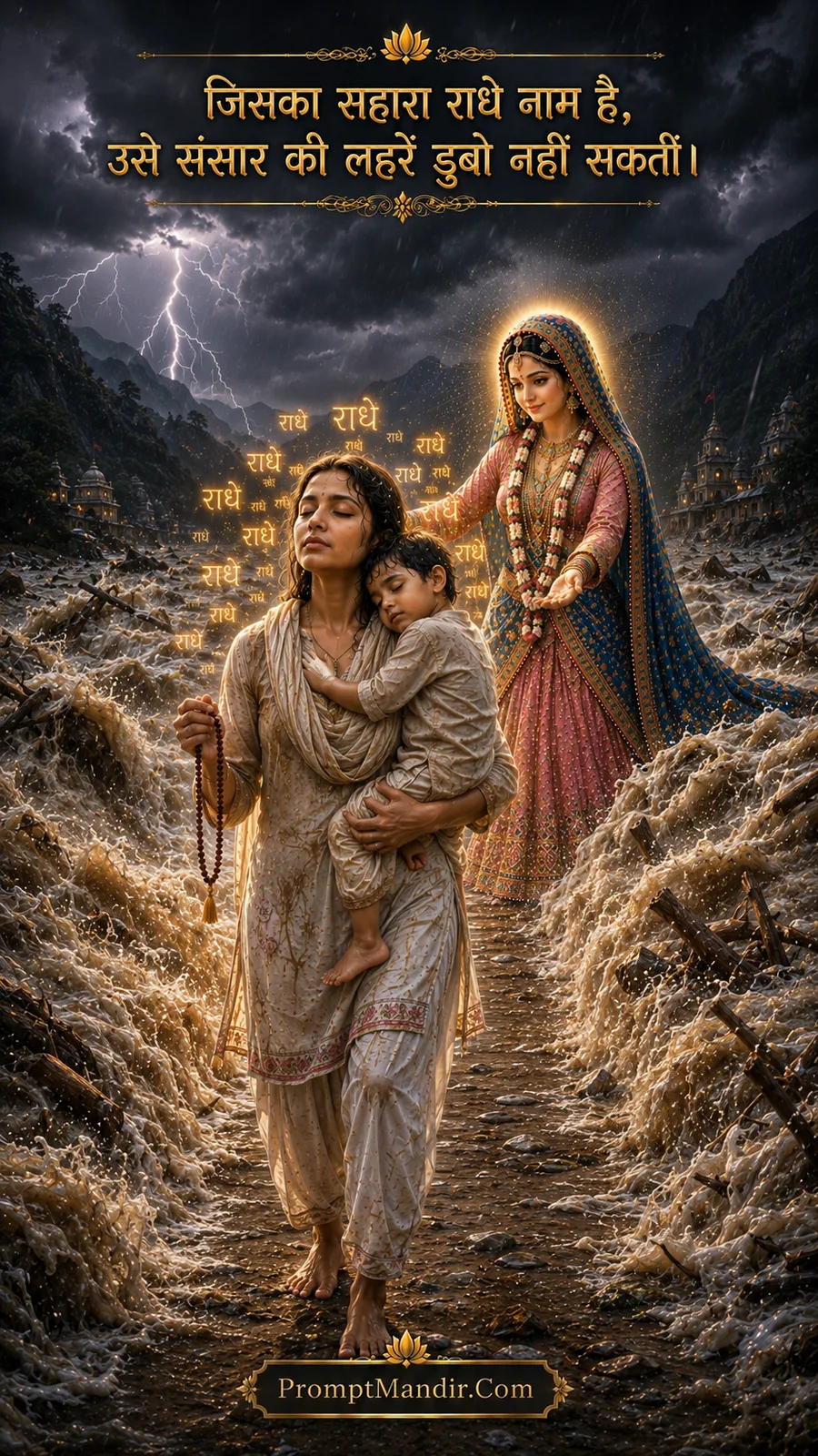 A mother carrying her child through a raging flood, chanting 'Radhe Radhe', with Goddess Radha guiding and protecting her