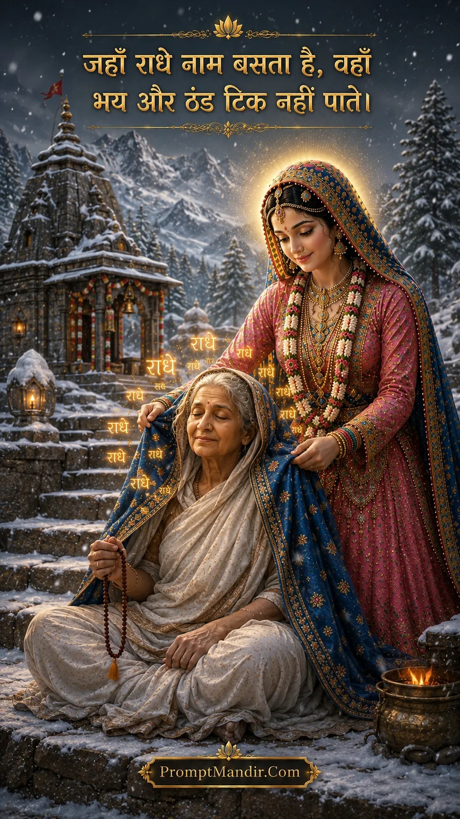 An elderly woman chanting 'Radhe Radhe' on the snowy steps of a temple, with Goddess Radha covering her with a shawl to protect her from the cold