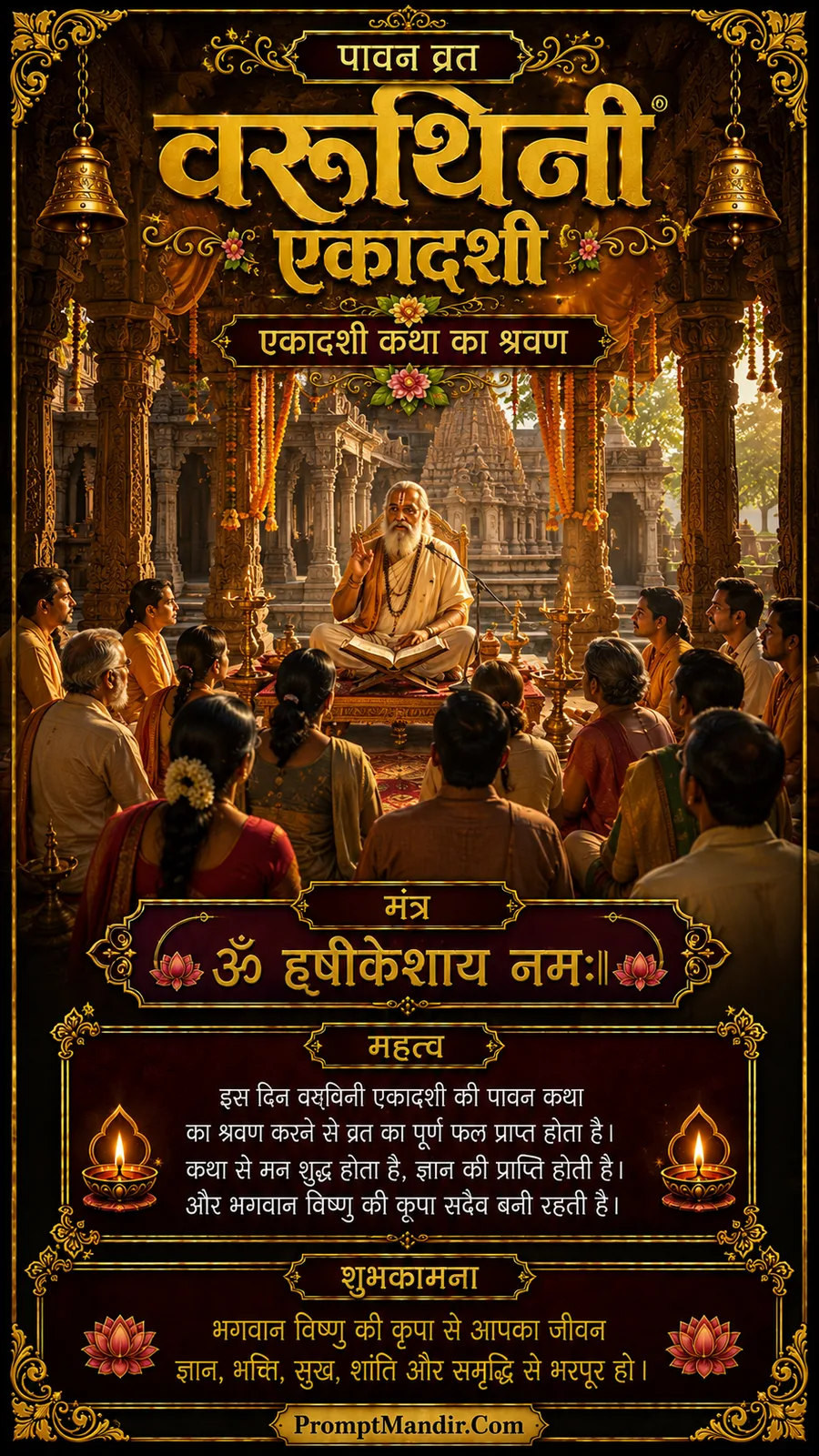 An elderly sage narrating the sacred Katha of Varuthini Ekadashi to a group of devotees in a grand temple courtyard