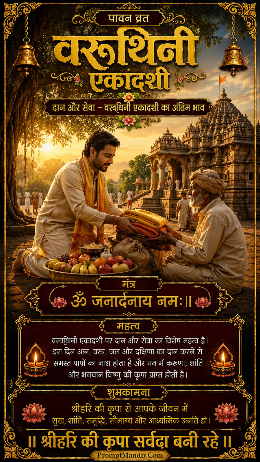 A man offering a basket of fruits and clothes to an elderly sadhu in a temple courtyard, celebrating the spirit of charity on Varuthini Ekadashi