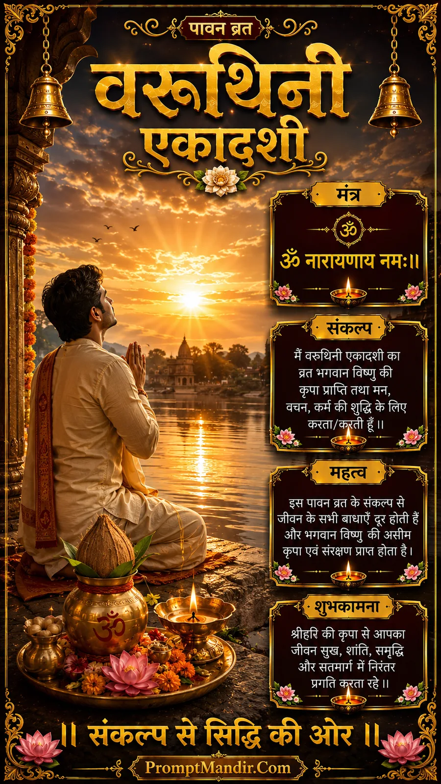 A devotee making a sacred resolve (Sankalp) before a kalash and a lit diya, with his hands folded in prayer, facing a sunrise river