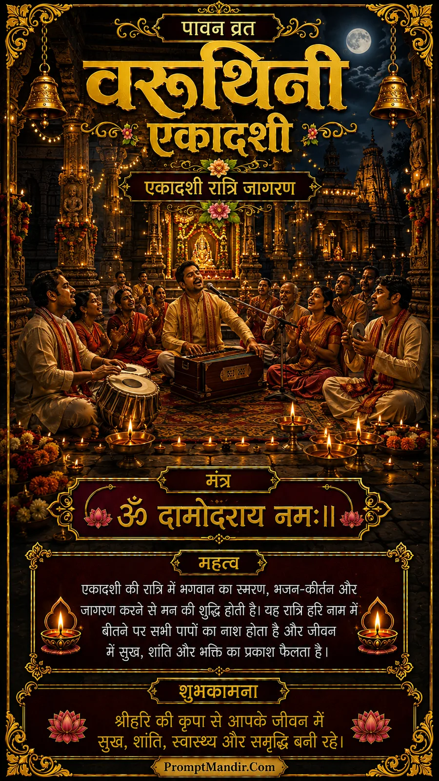 A group of devotees singing bhajans and playing instruments during a night Jagran for Varuthini Ekadashi, with a full moon and lit diyas