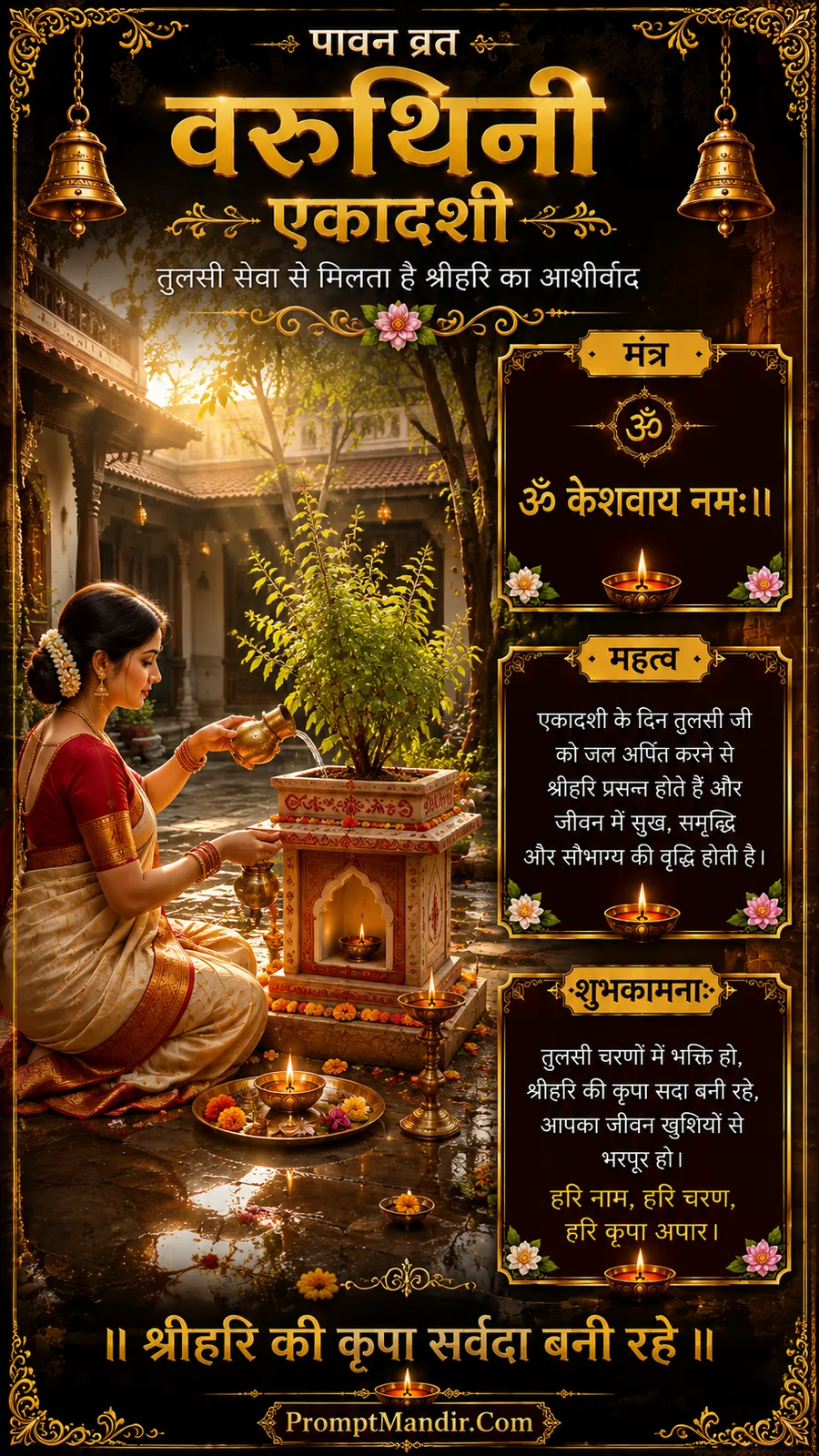 A devotee offering water to a Tulsi plant in a courtyard at sunrise, with the mantra 'Om Keshvaya Namah' and a message of blessings