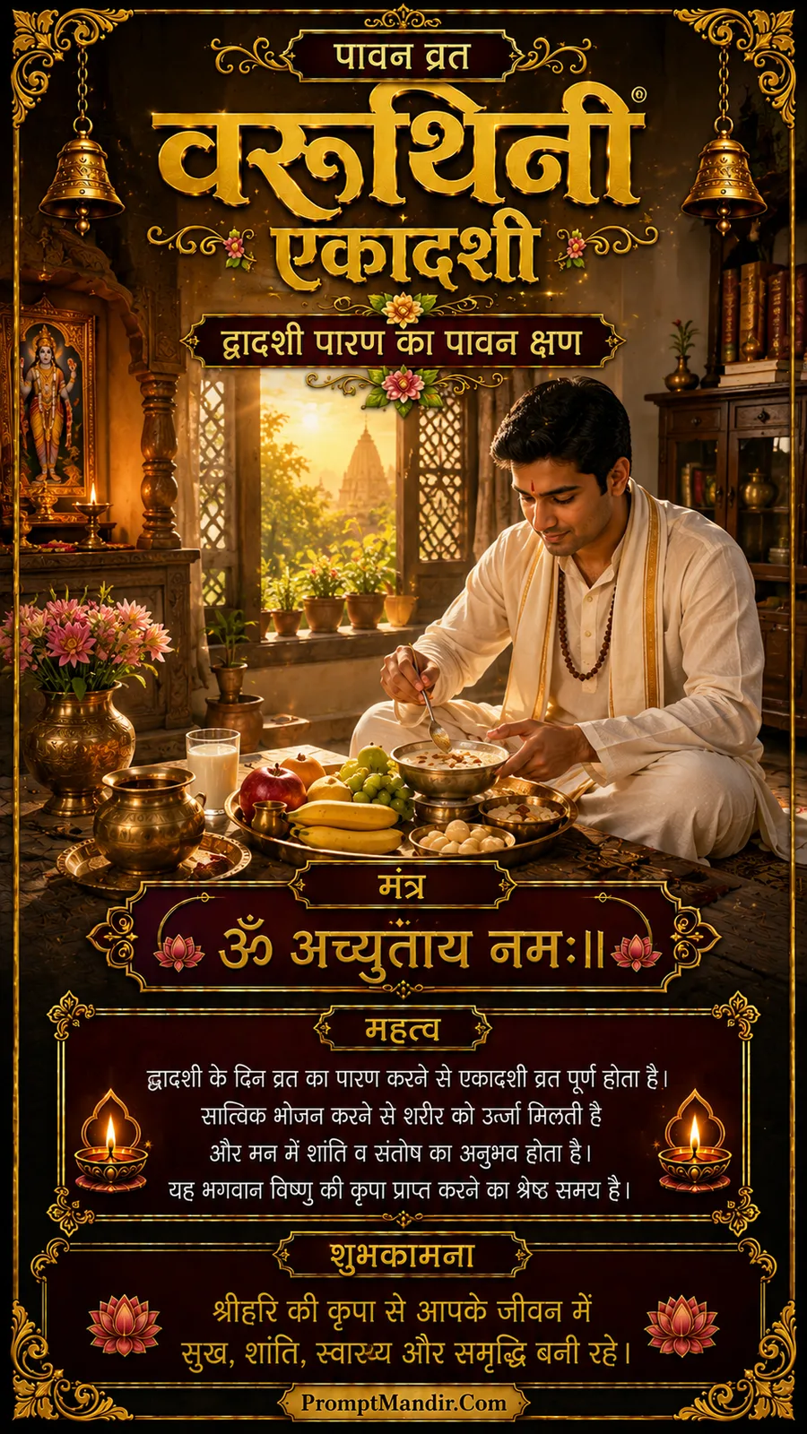 A man eating a Sattvic meal after breaking his fast (Parana) on the day of Dwadashi, with a home temple and a lit diya in the background