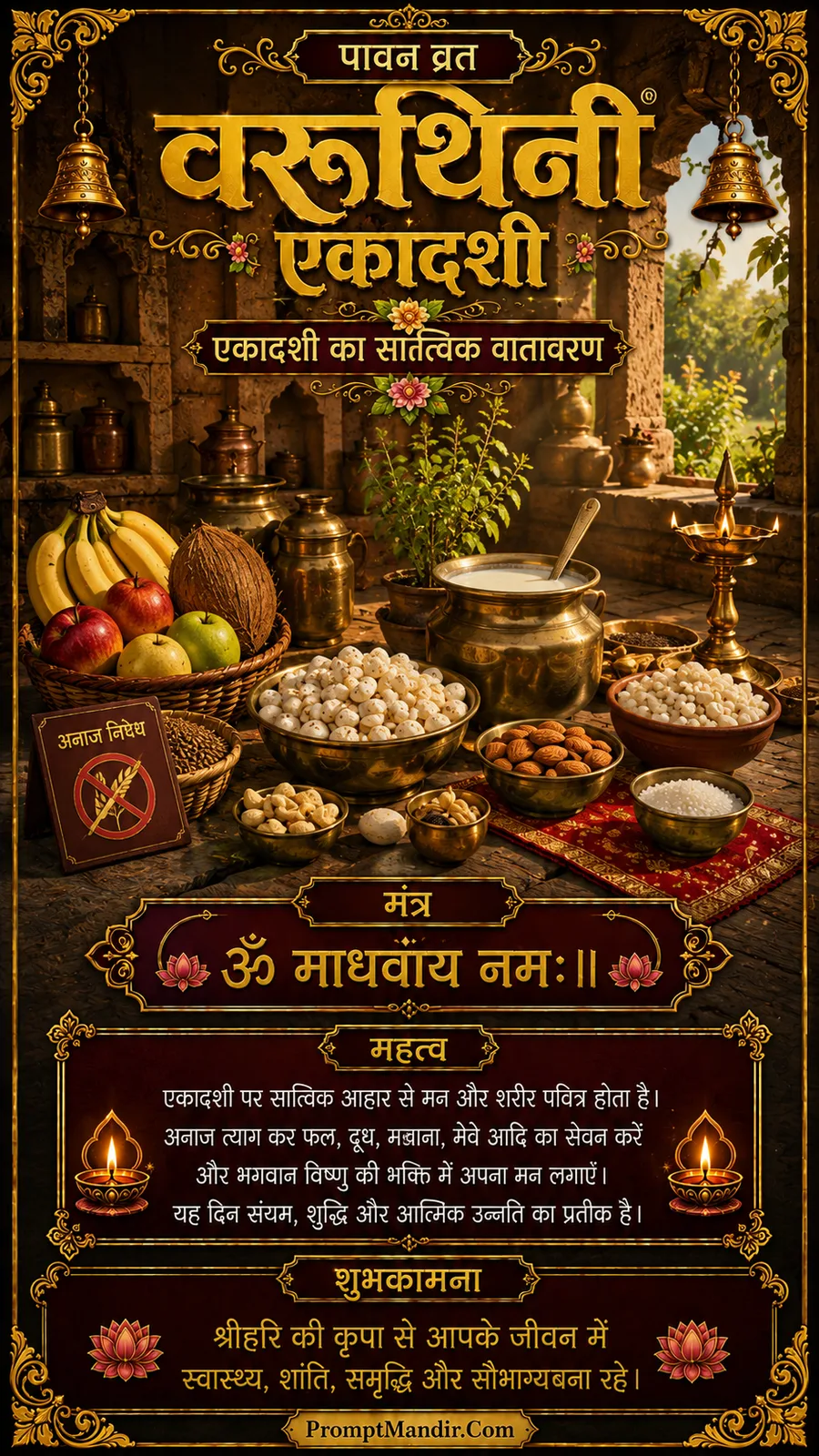 A traditional spread of Sattvic food including fruits, milk, makhana, and nuts arranged in brass bowls, with a sign prohibiting grains for Varuthini Ekadashi fasting.