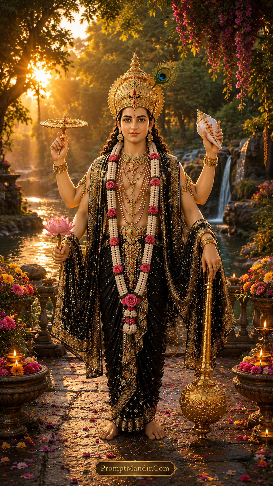 Lord Vishnu standing in a lush green forest, holding a conch, discus, mace, and lotus, wearing a black and gold outfit and a peacock feather crown.