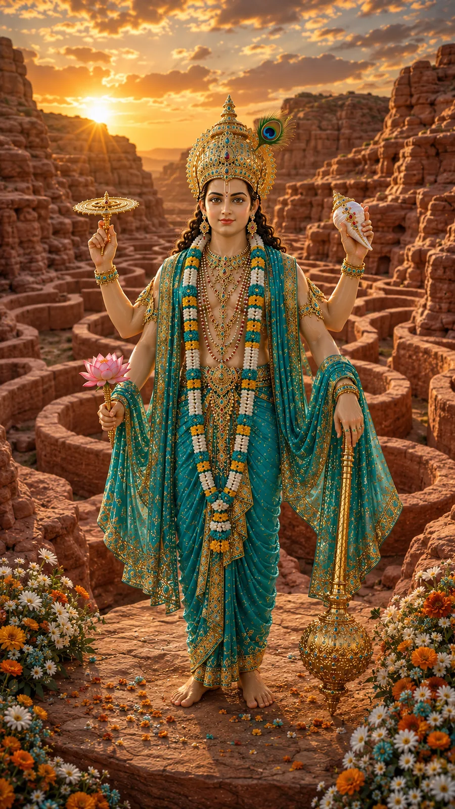 Lord Vishnu standing on red sandstone rock formations, holding a conch, discus, mace, and lotus, wearing a teal and gold outfit and a peacock feather crown.